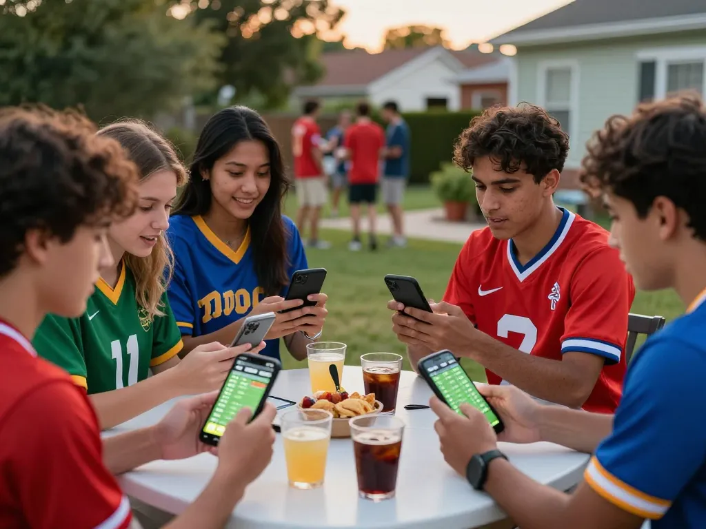 Friends engaging in sports betting excitement outdoors with lc88 mobile devices, capturing wagering fun.