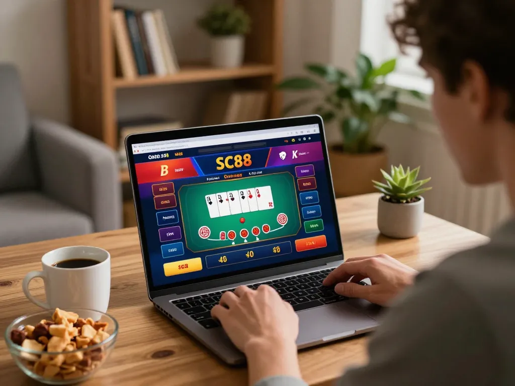 Player engaging with SC88 online casino on laptop in cozy home environment