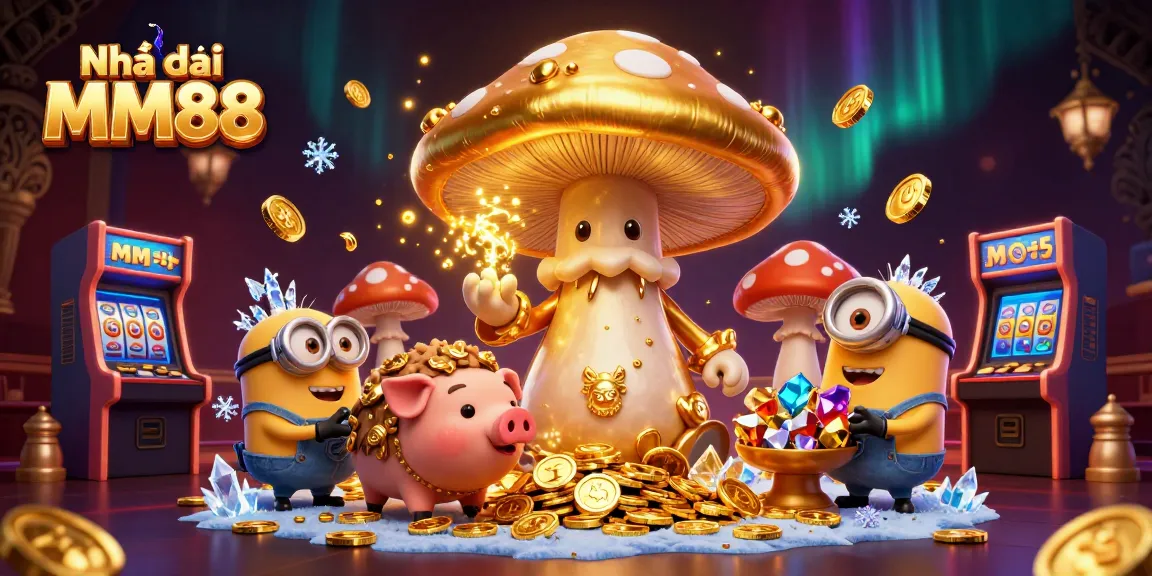 Experience the excitement at Nhà cái MM88 with vibrant 3D illustrations of gaming magic and treasures.