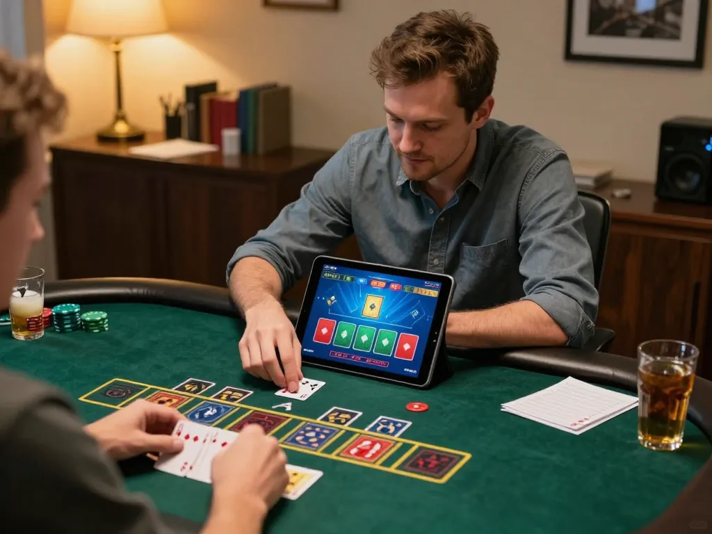 Engaging online blackjack player using Rajabet123 tablet during strategic gaming session, cozy home office setting.