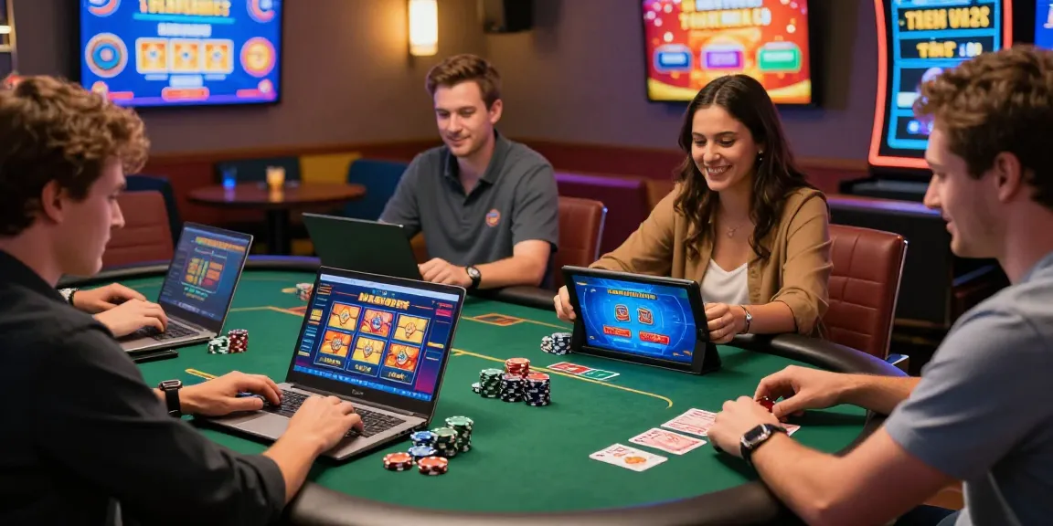 Players engaging at online casinos that accept credit card, enjoying vibrant gaming atmosphere with digital displays and excitement.