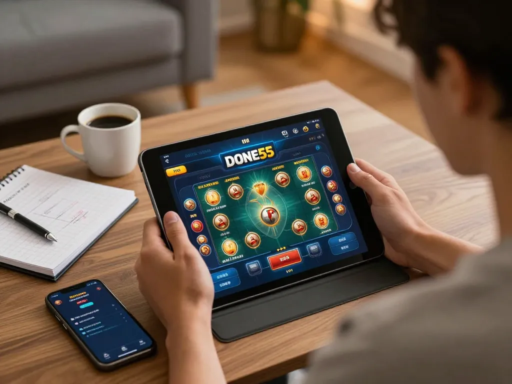 Engaging gameplay on Done55 app during a cozy home gaming session, showcasing strategy notes and tablet interface.