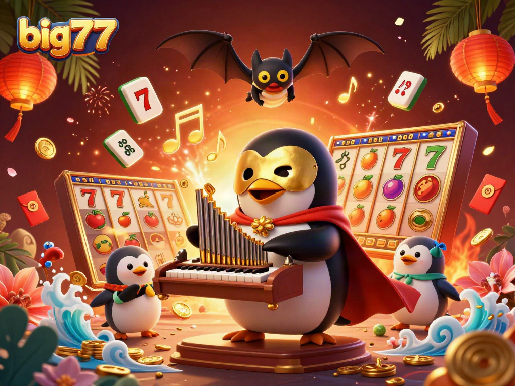 Experience big777 excitement with a penguin organist as golden coins rain down in this lively casino scene.