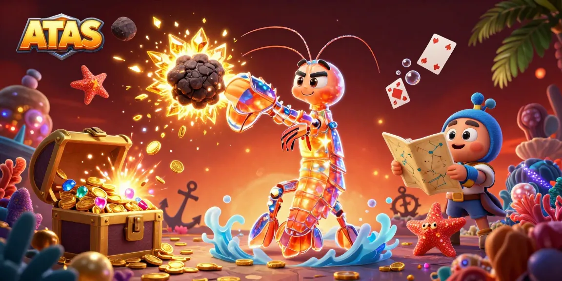 ATAS casino themed 3D illustration featuring an action scene with cartoon samurai mantis shrimp and starfish.