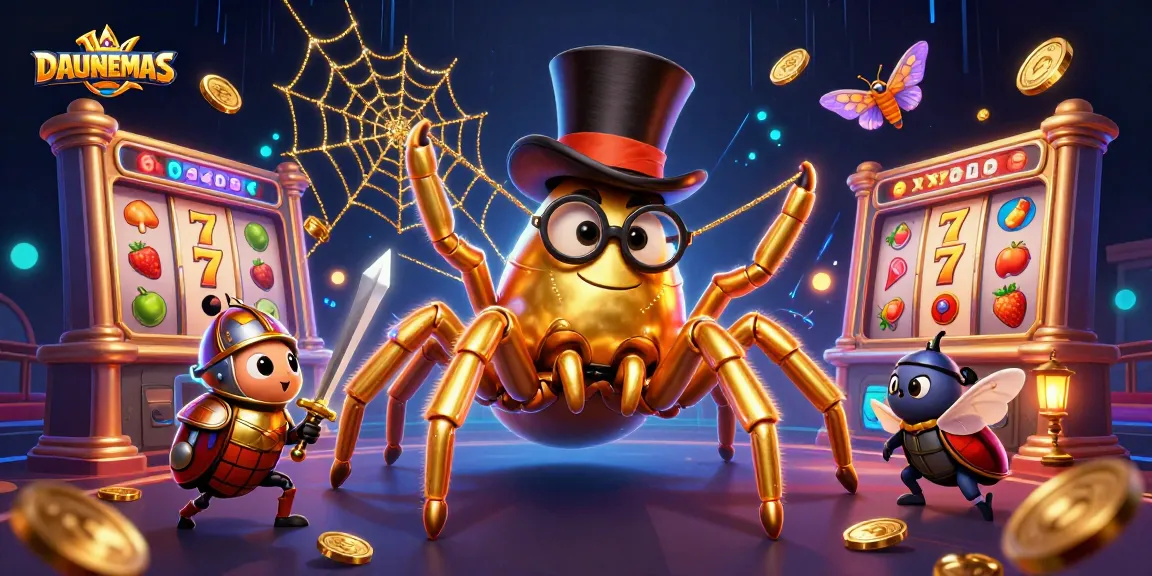 Experience DAUNEMAS in this dynamic casino scene with a tarantula, beetle knight, and vibrant game elements.