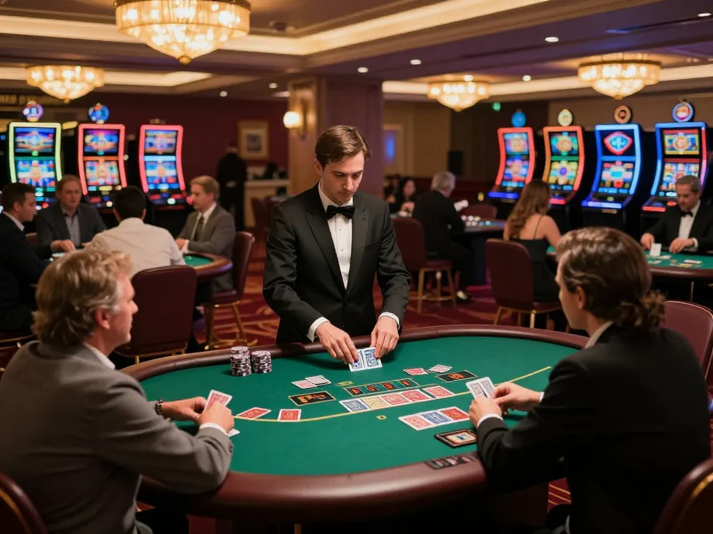 Players enjoying a thrilling game at fun79 casino with dealers managing bets and vibrant atmosphere
