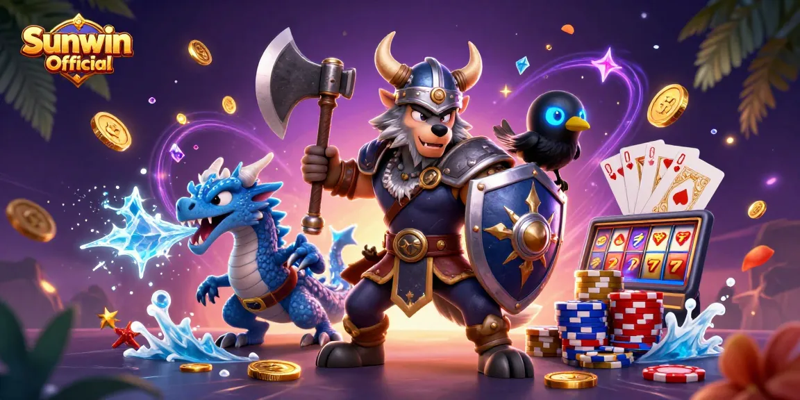 Experience Sunwin Official with a thrilling scene of Viking and dragon amidst sparkling casino action.