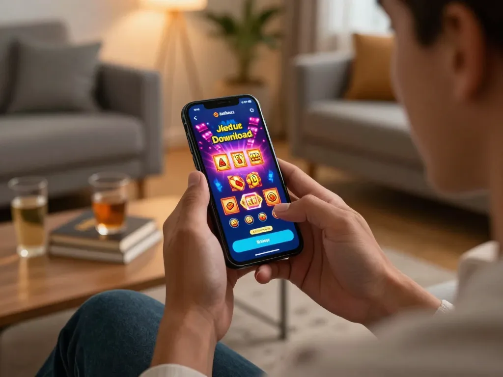 Engaging with the Jeetbuzz Download App in a cozy living room setting for exciting online gambling.