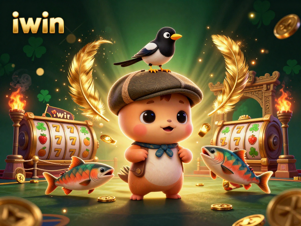 Engage in thrilling iwin casino action with cartoon Nessie and gold elements amidst a vibrant gambling scene.