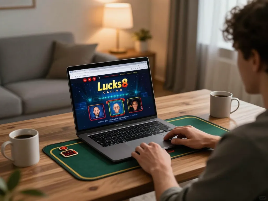Player engaged in live dealer game on lucks8 online casino, in a cozy home gaming setup.