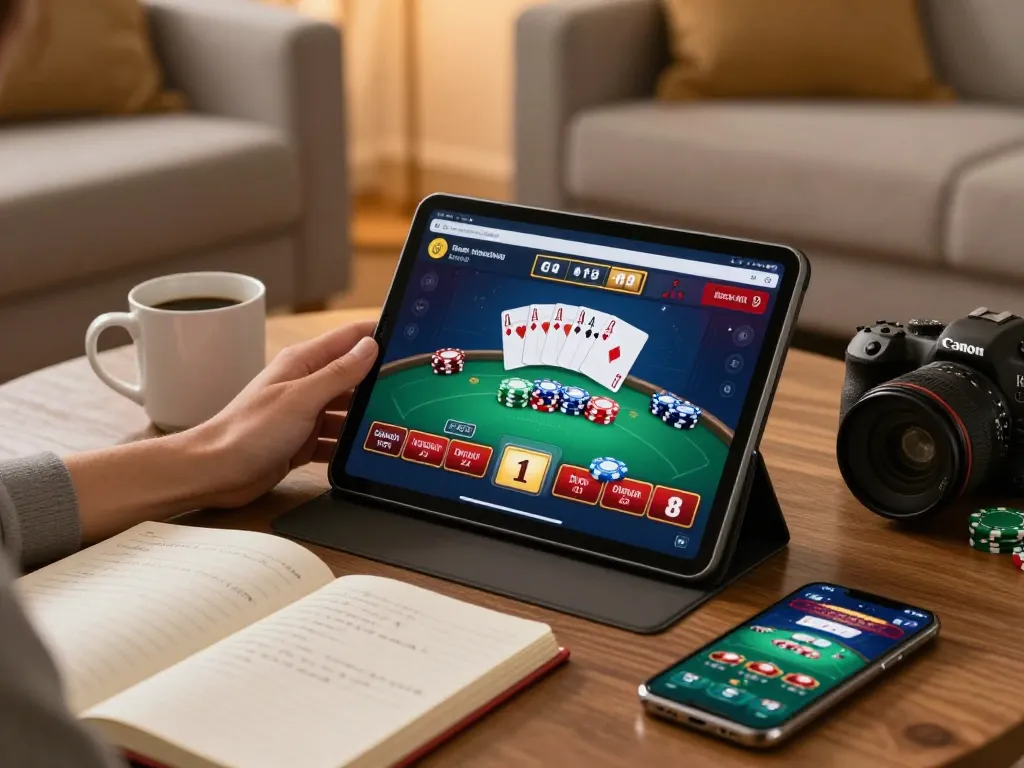 Play online casino games using a tablet in a cozy setting, showcasing strategic gameplay on the screen with Kasino focus.