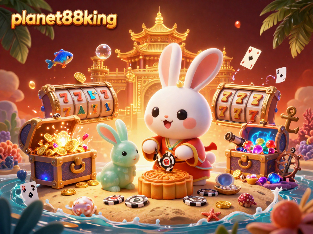 Experience exciting slots with planet88king as the moon rabbit reveals poker chips among treasures and vibrant game elements.