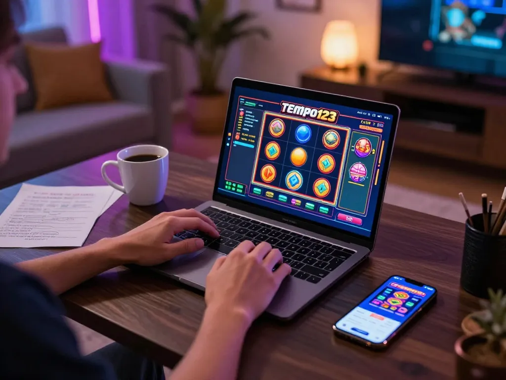 Memainkan Slot Tempo123 di laptop di rumah dengan antarmuka permainan yang cerah dan catatan strategis.