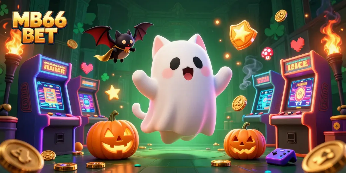 Play MB66 BET with a friendly ghost cat in a haunted casino featuring glowing jack-o-lanterns and vibrant game elements.