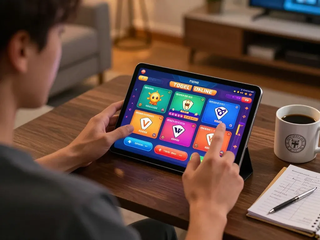 Engaging with togel online gaming app for responsible entertainment in a cozy home setting.