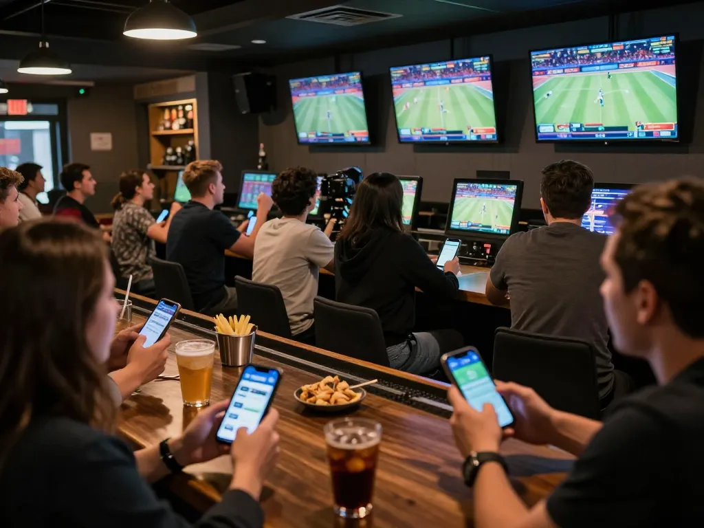 KQBD sports betting atmosphere with patrons celebrating live game results