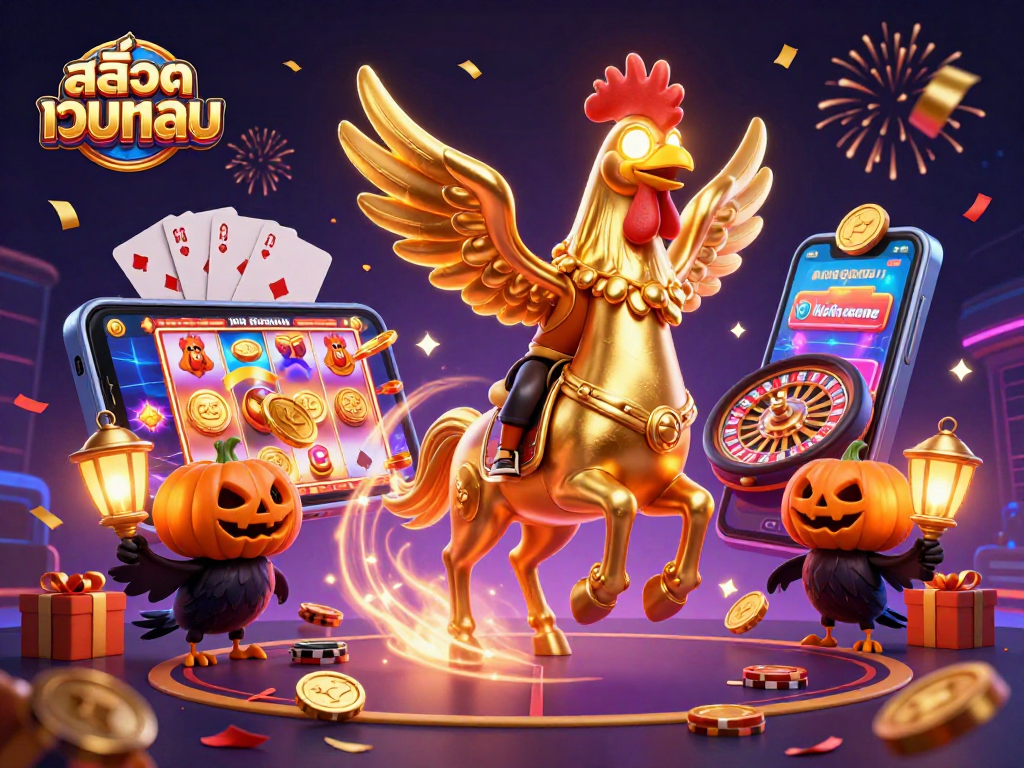 Experience high-stakes thrills with สล็อตเว็บตรง games featuring dynamic golden rooster characters in a lively casino scene.