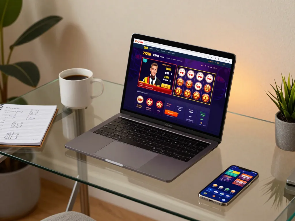 Engaged player exploring 77WIN casino games on sleek laptop within a stylish home office