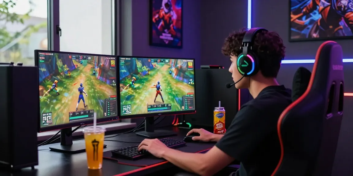 Engaged player in a vibrant gaming room featuring situs toto gameplay on multiple screens.