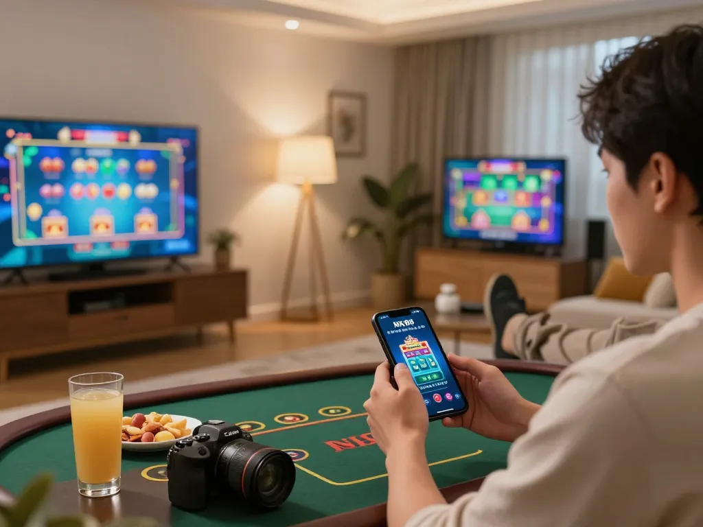 Player enjoying responsible gaming on NK88 app at home, showcasing dynamic smartphone gameplay.