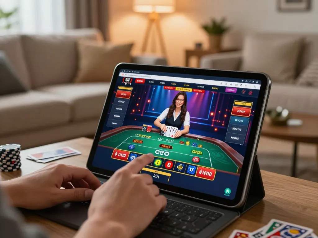 Tg88 user engaged in online gaming with live dealer at home, showcasing strategic betting.