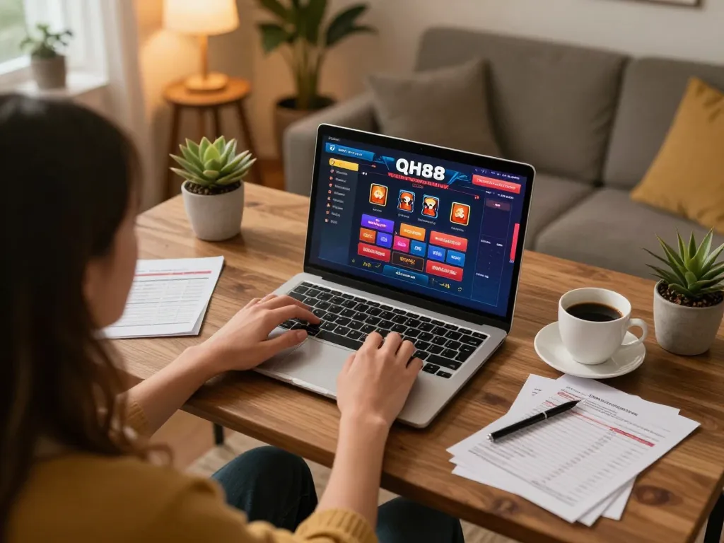 Engaging with the Qh88 trang chủ online casino while enjoying a comfortable home setting.