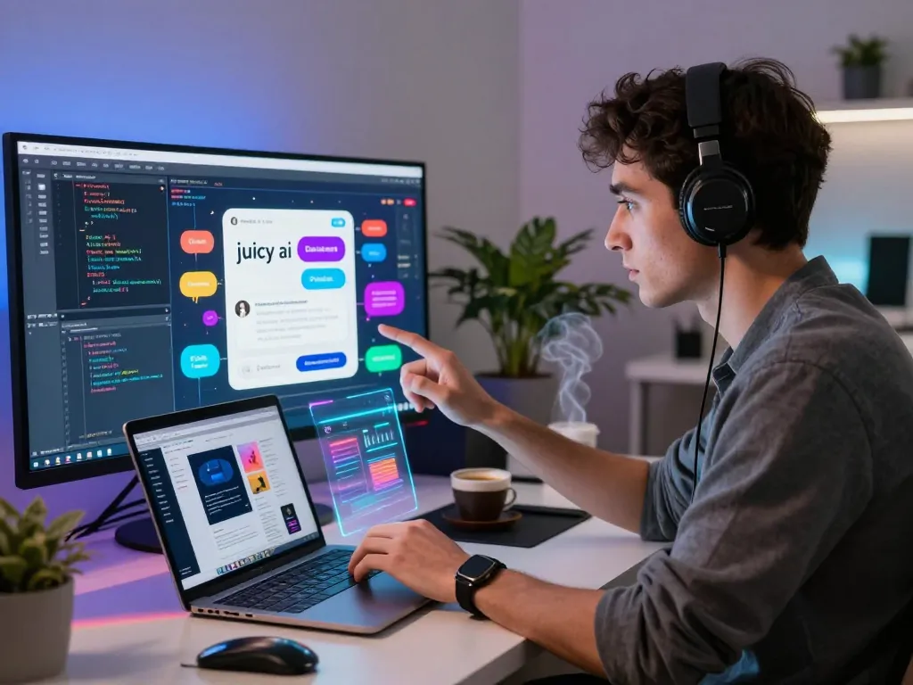Developer using juicy ai technology in a modern home office with holographic displays and vibrant coding.