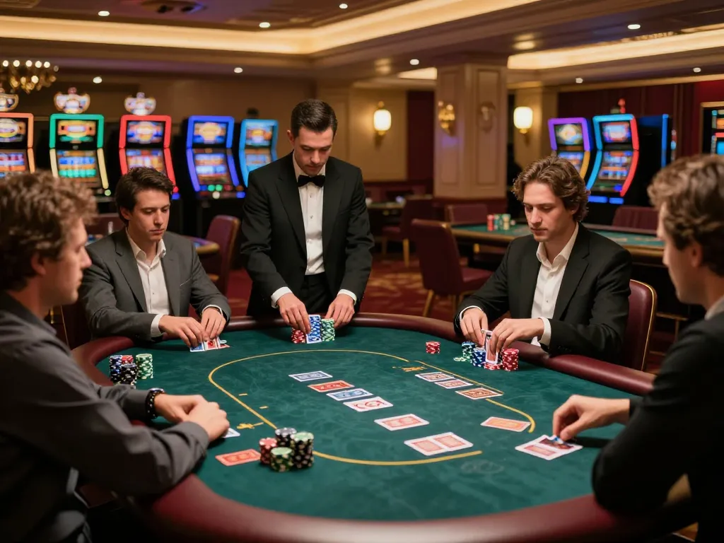 KJC players strategizing at a poker table, showcasing high-stakes gameplay in a luxury casino.