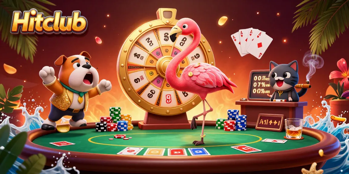 Excited bulldog jumps at Hitclub's prize wheel while colorful poker chips create buzz.