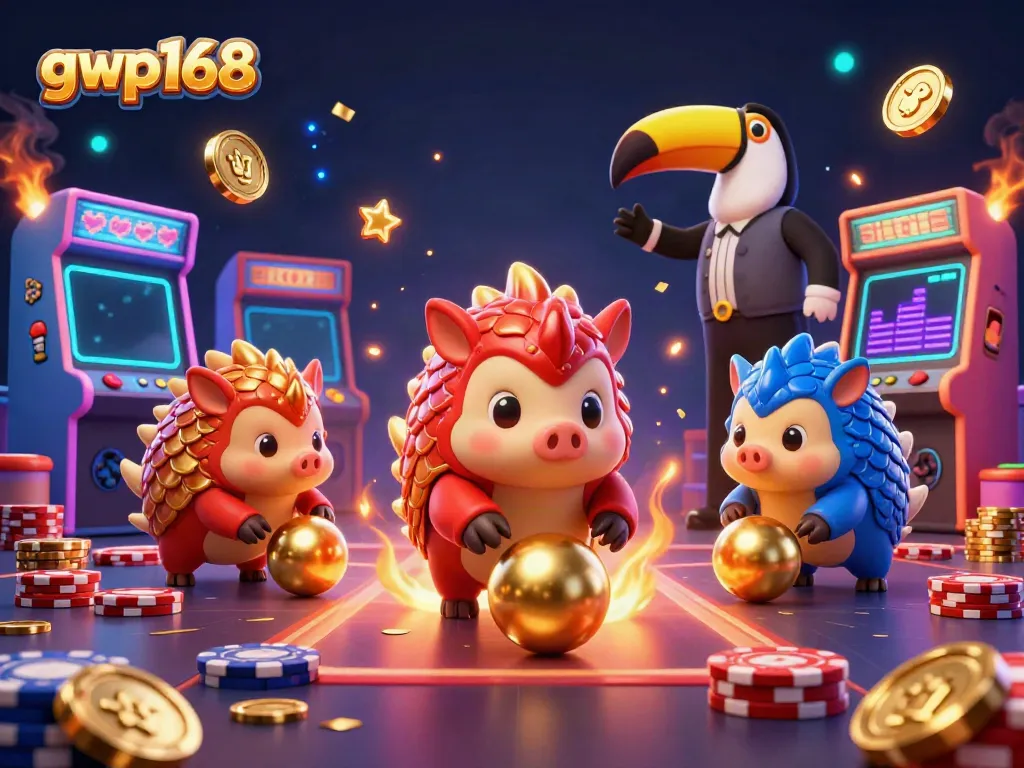 GWP168 menghadirkan pangolins beraksi dengan chip poker dalam permainan kasino online yang seru.