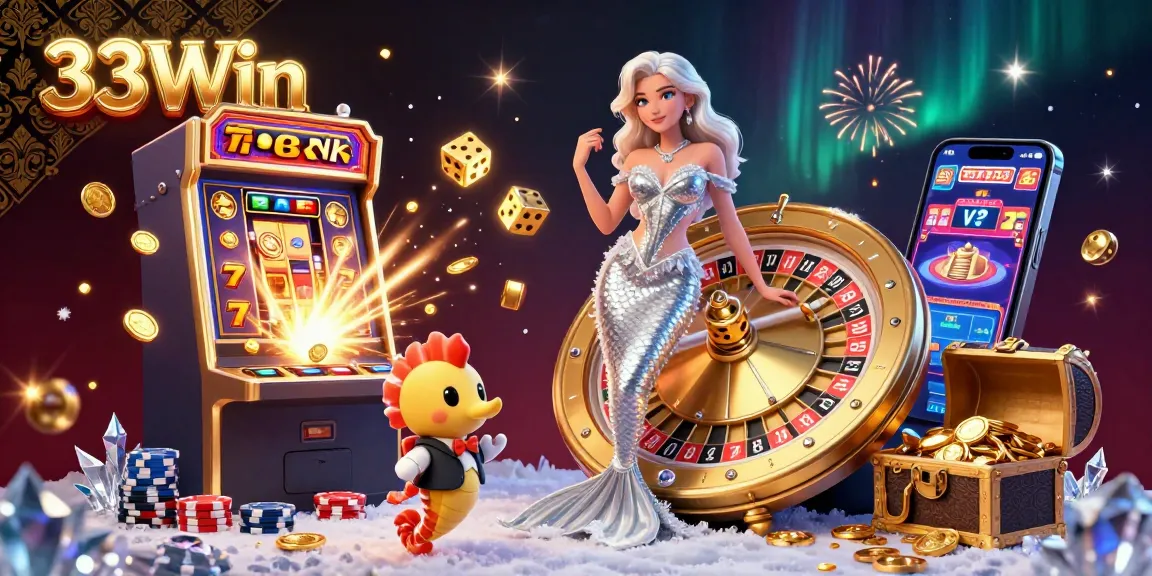 Engage with the vibrant 33Win casino scene featuring a stunning mermaid and golden roulette.