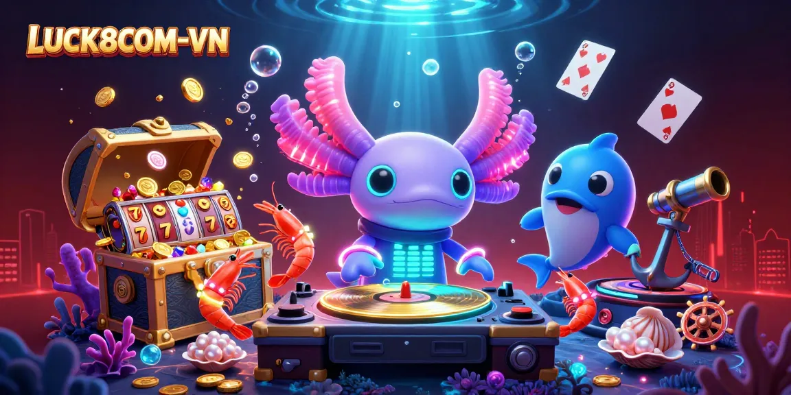 Experience the vibrant excitement at LUCK8COM-VN with energetic casino-themed underwater illustration.