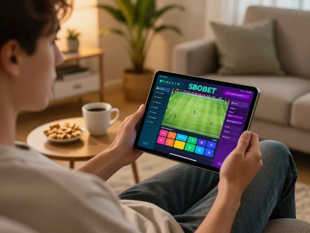 SBOBET user enjoying online sports betting on tablet, comfortable home setup with drinks and snacks.