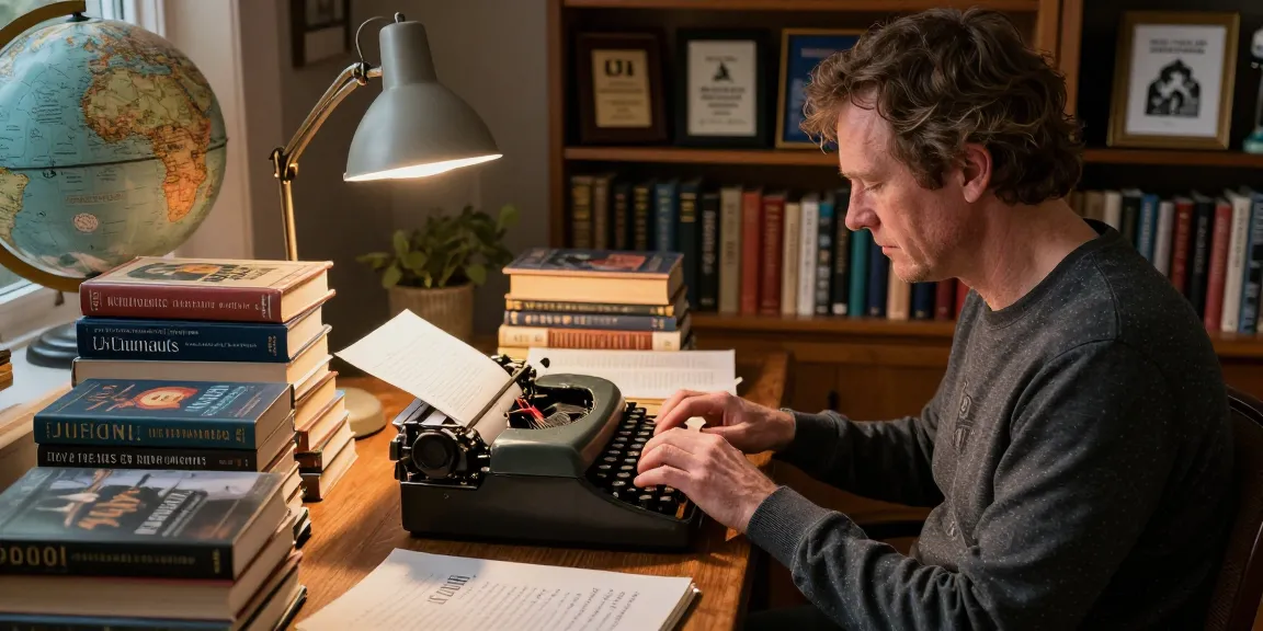 T. Allen Greenfield writing at his desk with UFOnauts book highlighted, promoting https://tallengreenfield.com for literary insights.