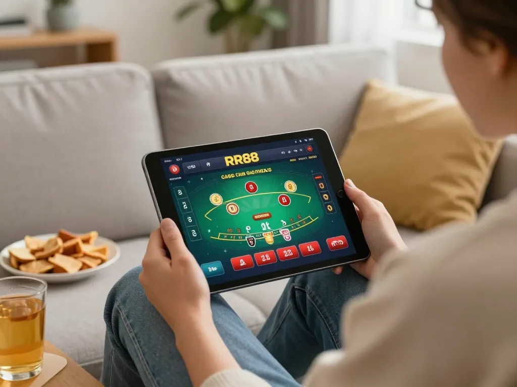 Engaging user at https://rr888.shopping/ participating in online blackjack game on tablet in a cozy home setting.