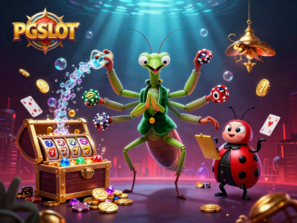 Experience thrilling PG SLOT action as characters deal cards and pour champagne in a vibrant casino scene.