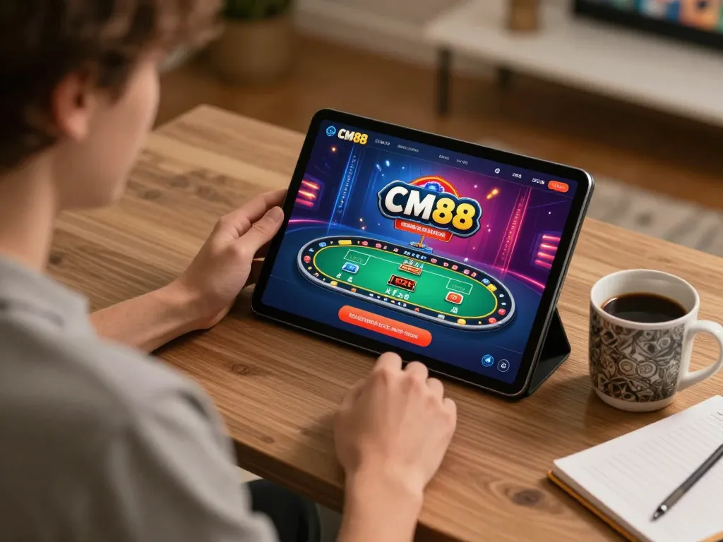 Player engaging with CM88 casino app on tablet in cozy home setting