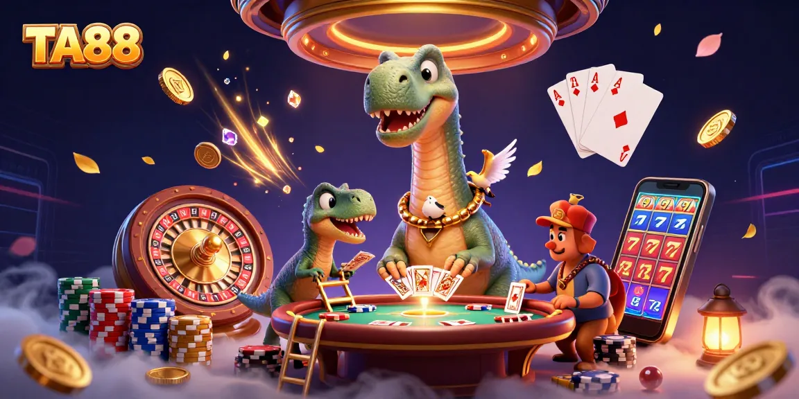 Experience the thrill of TA88 with a brontosaurus and raptor in an engaging casino scene filled with sparkling elements.