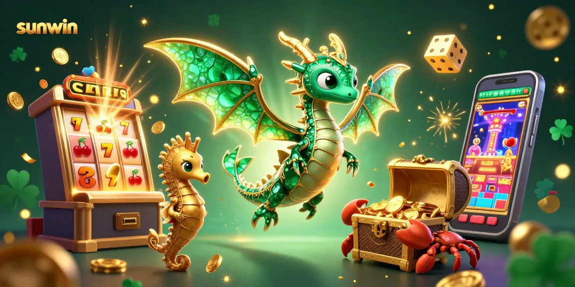 Play exciting casino games with sunwin featuring a vibrant sea dragon, slot machine, and treasure chest.