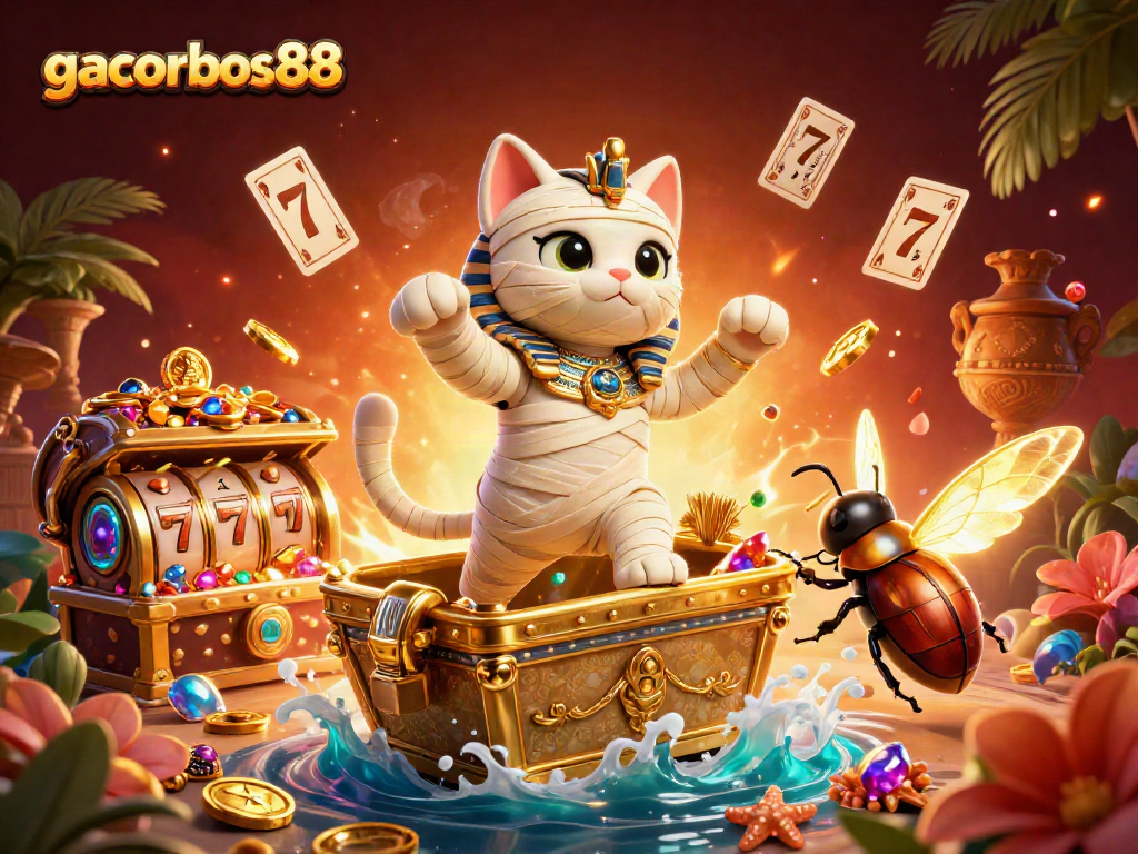 Experience thrilling gameplay with gacorbos88; a mummy cat bursts from a sarcophagus amidst slot excitement.