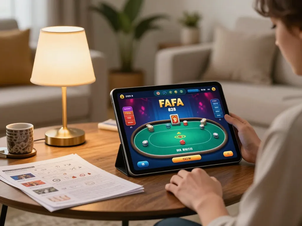 FAFA 828 player analyzing poker game interface during relaxed home gaming session.