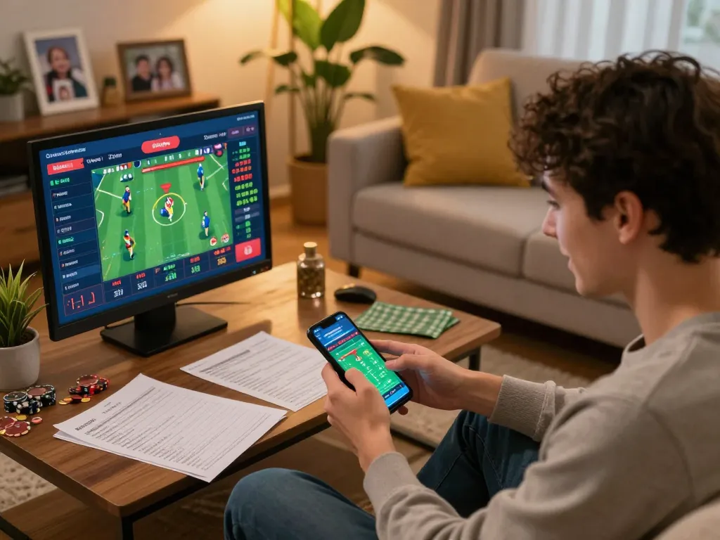 Engaging in responsible betting with Tr88 chính thức on a smartphone at home, showcasing excitement and strategy.
