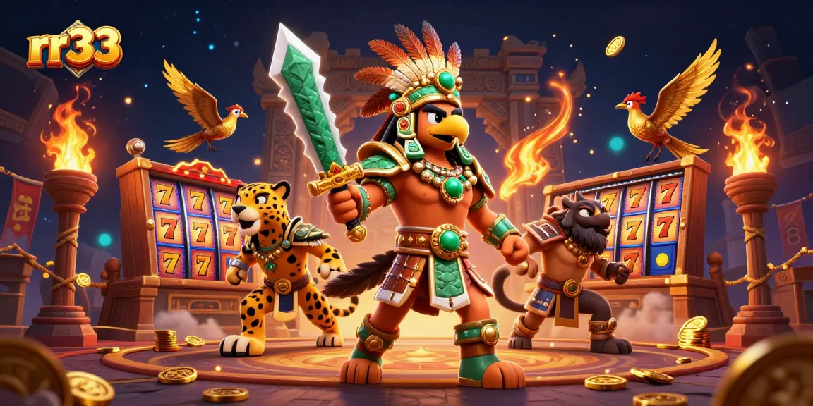 Spin the reels with rr33's featured slot characters in an engaging 3D digital casino scene.