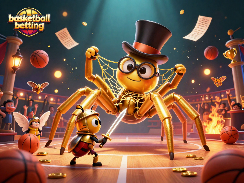 Engage in basketball betting with dynamic characters in a vibrant casino scene.
