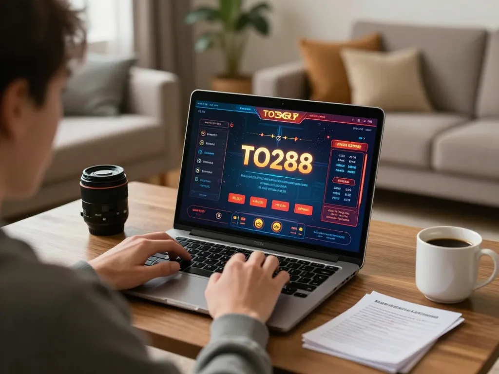 Engaging scene showing TO288 online gaming setup with laptop and betting notes for strategic gameplay.
