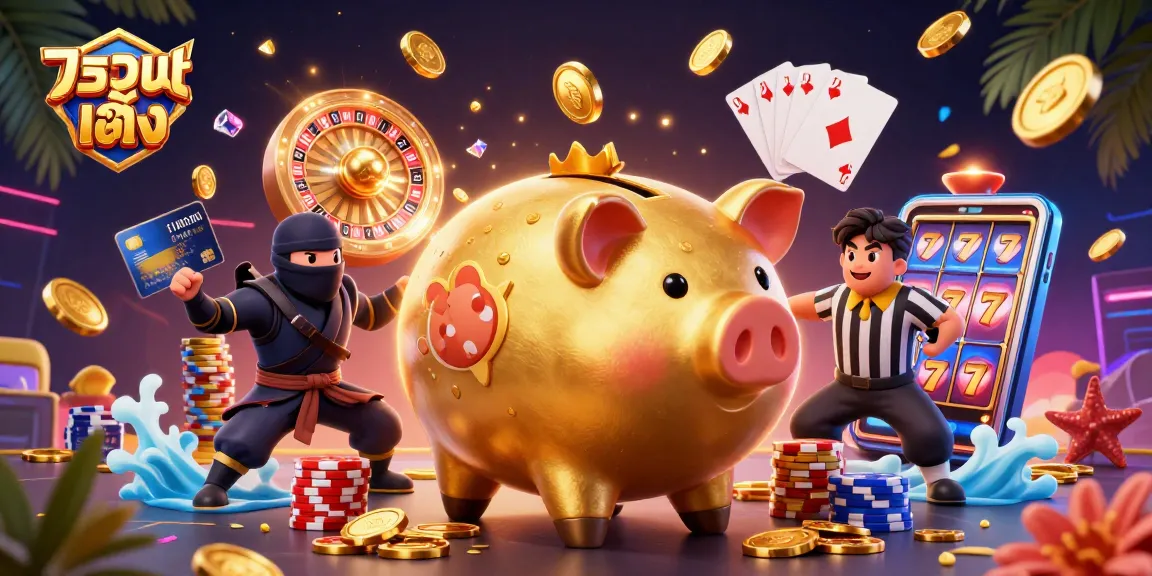 Experience thrilling แทงบอลเต็ง action with a massive piggy bank sumo wrestler and vibrant casino elements.