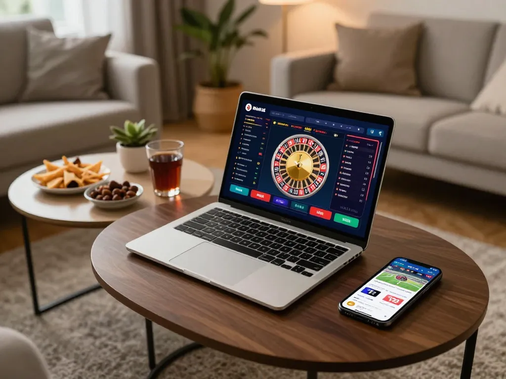 An elegant online gambling setup showcasing 100VIP on a laptop with engaging gameplay and a cozy atmosphere