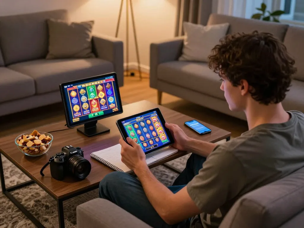 Player enjoying an exciting kdslot77 gaming session on a tablet at home, showcasing vibrant slot graphics and snack-filled coffee table.