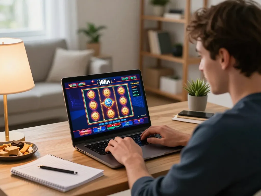 Player immerses in iWin slots experience at home, showcasing a cozy setup and exciting gameplay.