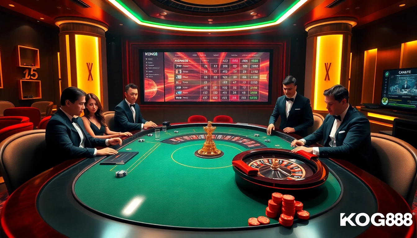 Experience the thrill of Nhà cái KONG88 at a luxurious casino poker table with vibrant chips and elegant players.